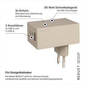 Reduct® Edge.65 USB Charger, 65 W, Fast Charger, Multiple USB Ports (2 x USB-C + 1 x USB-A), Certified and Manufactured to the Highest Standards (Sand/Light Brown)
