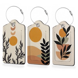 Set of 3 Luggage Tags,Abstract Minimalist Botanical Painting Leather Suitcases Tag Identifiers with Privacy Name Address Labels & Durable Steel Loop for Women Men Travel