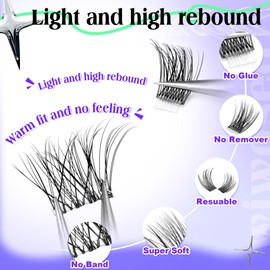 wiwoseo Self Adhesive Lashes Clear Band Lashes Clusters No Glue Needed Self Adhesive Lash Clusters Pre Glued Eyelash Clusters Press on Lashes Resuable Eyelash Extensions without Glue
