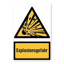 Sticker: 300 x 200 mm, Pack of 1 – Explosion Hazard – Warning Sign with Text (German) (Yellow/Black) – Vertical – DIN EN ISO 7010 / ASR A1.3