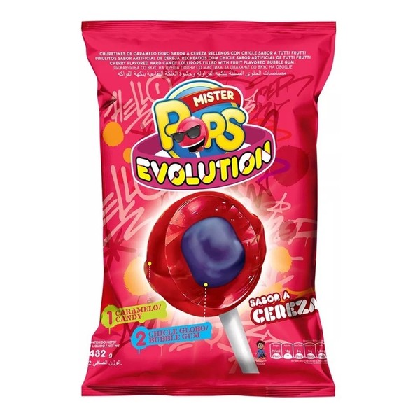 Arcor Mister Pops Evolution Chupetín-Chicle Chupetín de Cereza Relleno con Chicle Cherry Flavored Lollipops Filled With Tutti Frutti Bubblegum, 18 g / 0.63 oz (bag of 24 lollypops)