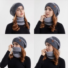 WANYIG Women's Knitted Hat Winter Hat Scarf Set Warm Soft Beanie Hat Loop Scarf Set Knitted for Autumn Winter 55-60 cm, gray