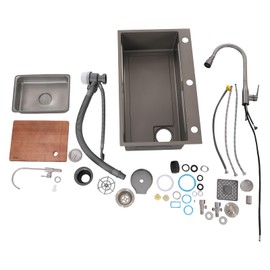 WUSILILU 304 Stainless Steel Kitchen Sink, Sink with Faucet and Drainer, Cutting Board, Multifunction Sink Set, Waterfall Kitchen Sink Workstation for Home, Kitchen, Restaurant, Cafe, Bar (Grey)