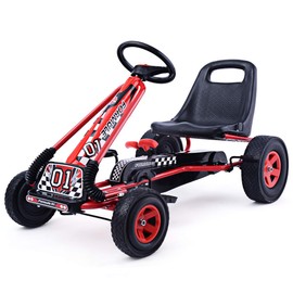Costzon Go Kart for Kids, 4 Wheel Off-Road Pedal Go Cart w/Adjustable Seat, Steering Wheel, 2 Safety Brakes, EVA Rubber Tires, Ride-On Toys for Boys & Girls, Outdoor Racer Ride On Pedal Car (Red)
