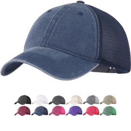 Washed Cotton Unstructured Trucker Hat – Regular/XL Soft Mesh Vintage Baseball Cap Men Women Adjustable Plain Blank Snapback Summer Ball Cap Navy Blue