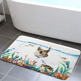 Funny Corgi Dog Bath Mat, Tropical Fish Coral Underwater Marine Life Bath Rug, Non Slip Bathroom Rug, Cool Dog Diving Bathroom Decor 17x29 Inch