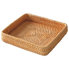 Rattan Serving Tray, Square Woven Tray Wicker Storage Basket, Square Wicker Baskets for Organizing, Natural Wicker Decorative Serving Baskets for Organizing Tabletop Bathroom Kitchen Counter Square