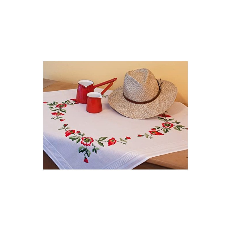 DECO-LINE Poppies 80X80CM Printed Tablecloth Embroidery KIT, WHITE