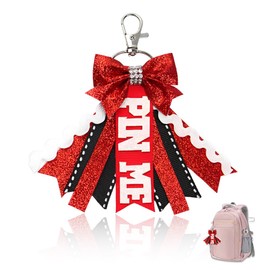 Pin Me Cheer Ribbon for Volleyball Bag Charms for Girls Women Cheerleader Mini Bow Keychains Glitter Red Bow Keychain for Car Keys Keychain for Handbag Backpack Accessories for Purses Cheer Bag Stuff