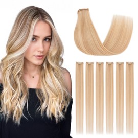 Silk-co Clip in Hair Extensions Real Human Hair Extension Double Weft With Lace Coverd Clip in Silky Straight Very Thin Highlight efffect for Women 6PCS 6Clip 16In #18P613 Ash Blonde&Bleach Blonde 40g