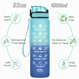 Enerbone 32 oz Water Bottle, Leakproof BPA & Toxic Free, Motivational Water Bottle with Times to Drink and Straw, Fitness Sports Water Bottle with Strap for Office, Gym, Outdoor Sports, Green-Blue