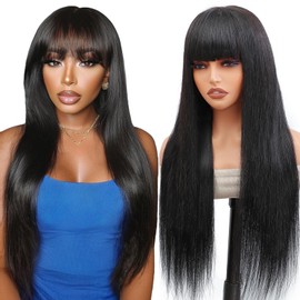 Tunfine Straight Human Hair Wigs With Fringe For Black Women Real Wear And Go Glueless Wig Human Hair 4x6 Lace Front Wigs Brazilian Glueless Black Real Hair Wigs With Bangs 16 Inch