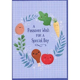 Designer Greetings Wreath of Smiley Faced Seder Foods: Egg, Greens, Carrot, Apple, Chicken Juvenile Passover Card for Young Boy