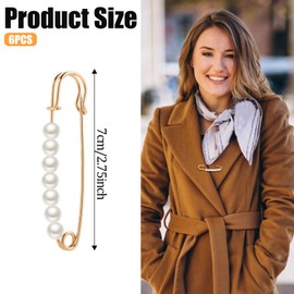 6 Pcs Faux Pearl Brooch Pins Decorative Safety Pins Pants Clips to Tighten Waist Sweater Shawl Clips Large Shawl Pins for Women Clothing Dress Pants Skirt Accessories Waist Extender Decoratine Pins