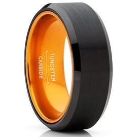 Metal Masters Co. Black Tungsten Wedding Band Men's Women's Unisex Ring Orange Interior Beveled Edge Brushed 8mm 9