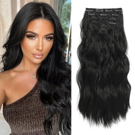 Clip in Hair Extensions for Women, 6PCS Long Wavy Curly Clip on Hair Extensions 20 Inch Natural Black Synthetic Hairpieces