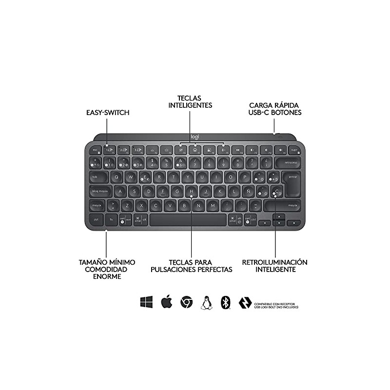 Logitech MX Keys Mini Teclado Inalámbrico Minimalista Iluminado, Compacto, Bluetooth,