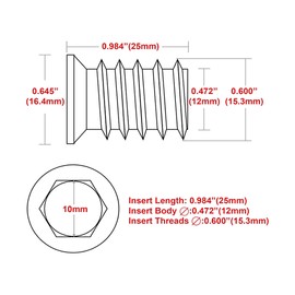 SBRRAIL 50 PCS 3/8-16 Threaded Inserts for Wood Furniture Screw,Steel Hex Drive Nut Inserts with Hex Key, High Hardness Premium Carbon Steel (3/8-16 x25mm)