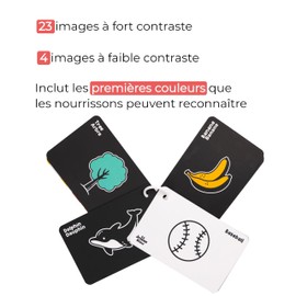 Happy Start High Contrast Baby Cards - Easy to Clean & Water Resistant High Contrast Baby Vision Cards Tummy Time Toys - Diaper Bag Ready Black and White Baby Toys for Ages 0+ (English & French)