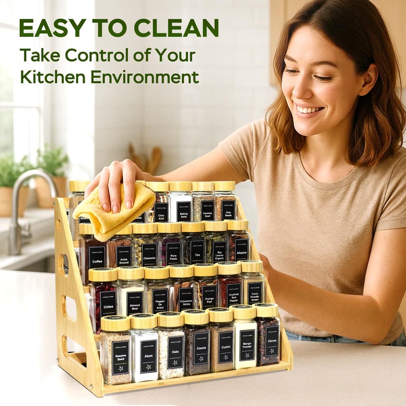 4 Tier Bamboo Spice Rack Organizer with 28 Spice Jars,