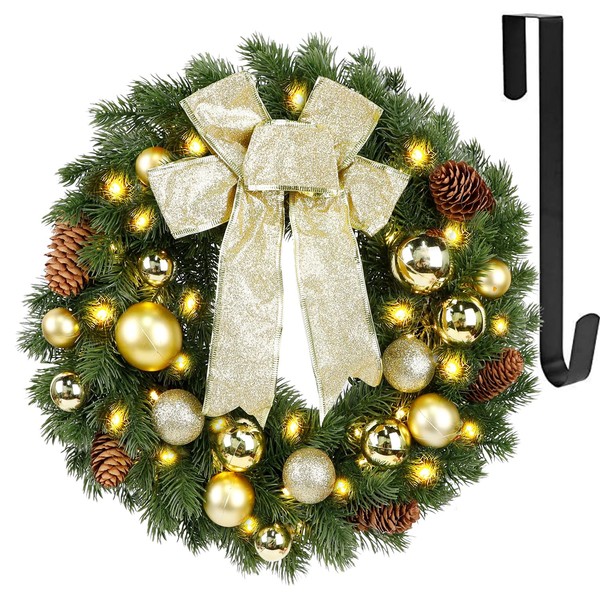 Hausse Lighted Christmas Wreath with Metal Hanger, Pre-lit Xmas Wreath with Large Golden Bow & Balls, 8 Modes & Timer, Battery Operated with 40 Lights, for Front Door Gate Wall Xmas Party Decorations