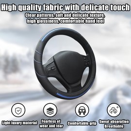 Sandfren Car Steering Wheel Cover, Genuine Leather Non Slip Vehicle Steering Wheel Protector, Breathable & Soft Auto Interior Protection Accessories, Universal for SUV Sedan Truck (Black/Blue)