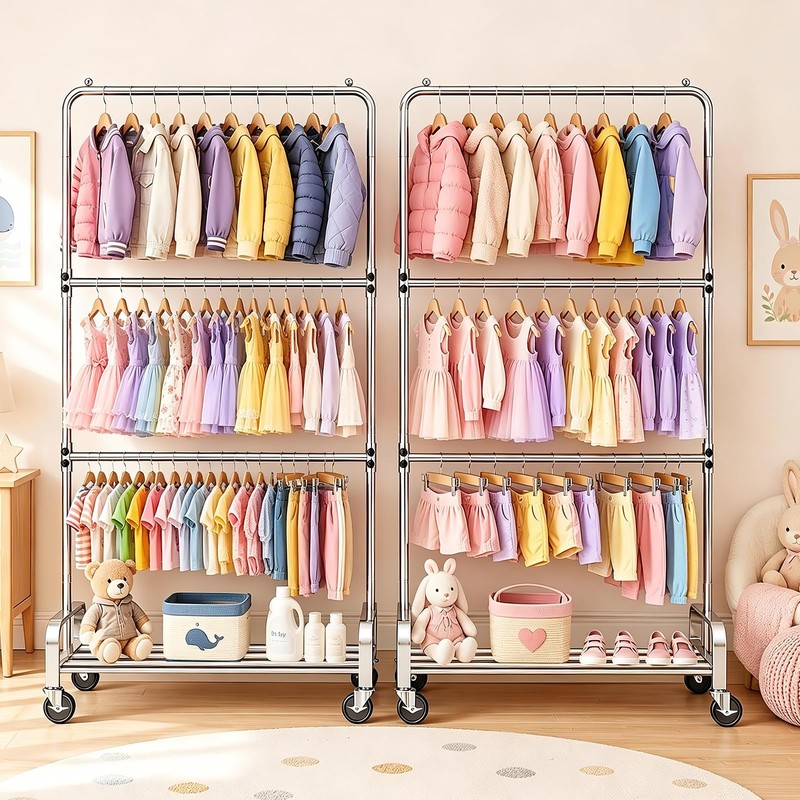 Heavy Duty Kids Clothing Rack Rolling Large Storage Capacity Dress