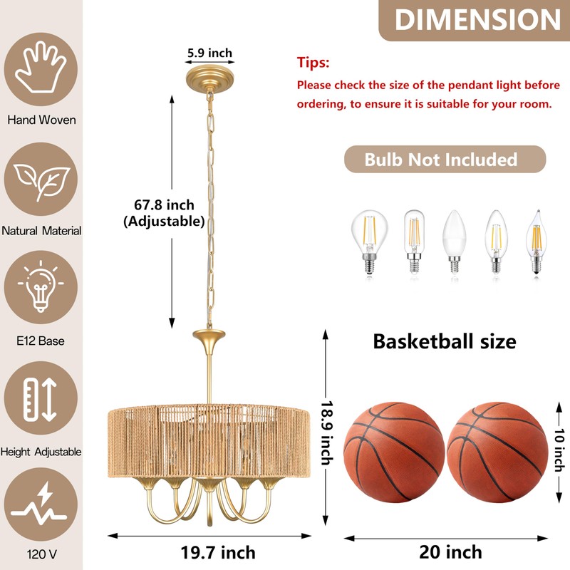 Bagood Gold 5-Light Rattan Light Fixture Rattan Pendant Lights Boho