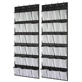 Jansuzi 2 Pack Organiser Hanging Over the Door, Shoe Racks with 48 Large Mesh Pockets 8 Hooks, Shoe Storage, Gadget Storage for Kitchen Bedroom Bathroom Closet,Black,0.5D x 55W x 150H cm