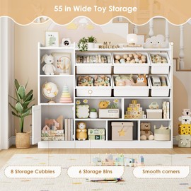 FACBOTALL Toy Storage Organizer, 55” Wide Toy Organizers and Storage with 8 Storage Cubbies & 6 Toy Bins, Large Toy Box with Bookshelf, Playroom Storage for Playroom, White