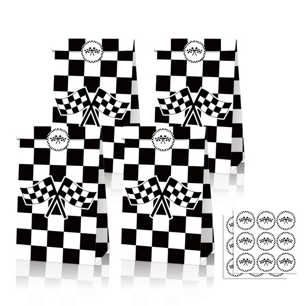 QYCX 12 Pack Checker Racing Race Car Party Favor Bags, Checkered Racing Treat Bag Decoration, Black and White Race Car Theme Party Candy Goodie Gift Bags with Stickers Race Car Candy Boxes Race Car Snack Container for Sports Event Race Car Birthday Party