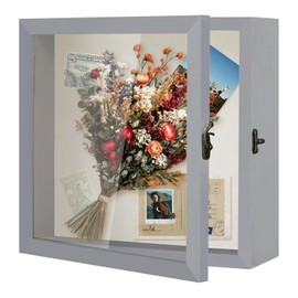 Muzilife 8x8 Shadow Box Picture Frame - 2.16" Interior Solid Wood & Glass Rectangle Display Case Ready to Hang Memory Box Baby Sports Memorabilia, Pins, Awards, Tickets, and Photos, Gray