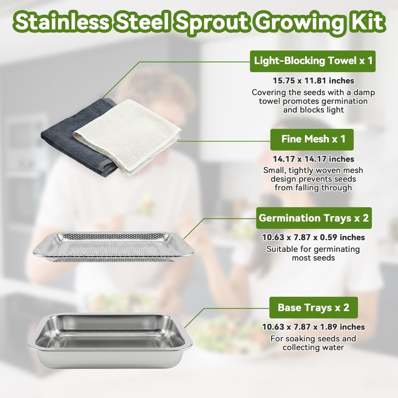 2 Pcs Stainless Steel Seed Sprouting Trays with Towel &