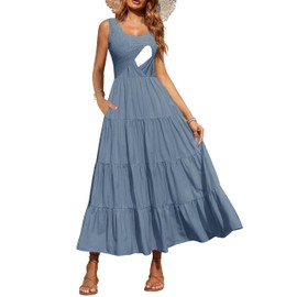CzzzyL Breastfeeding Sleeveless Flowy Pregnancy Wedding Guest Dresses for Women Smocking Elastic Crewneck Maxi with Pockets(Grey Blue, Small)