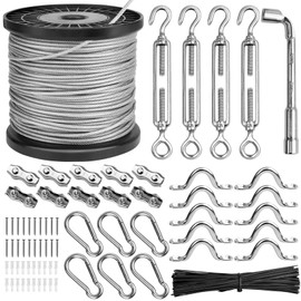 String Light Hanging Kit, Guide Wire for Outdoor String Lights, Vinyl Coated Rope Cable Outdoor Light, Include 182fts 304 Stainless Steel Wire Cable, Turnbuckle and Hooks
