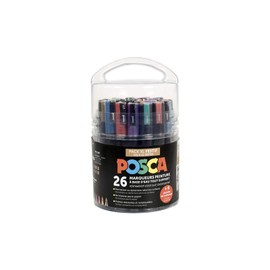 POSCA - Uni Mitsubishi Pencil - Pot POSCA Specially Designed for Creative Leisure - Pack XL - 26 Markers - 2 Sizes of PC3M and PC5M Tips - 6 Replacement Tips Included - Metallic and Glitter
