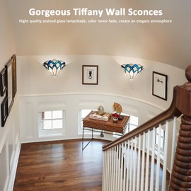 ARTZONE Tiffany Wall Sconces 13 Inches, Vintage Tiffany Style Wall Sconces Stained Glass Wall Light for Bedroom/Bathroom/Livingroom/Corridor/Stairway(Blue)