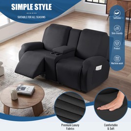 TAOCOCO Reclining Loveseat with Middle Console Slipcover, 4 Piece Polyester Fabric Stretch Loveseat Reclining Sofa Covers (Black, 2 Seat Recliner Cover with Console)
