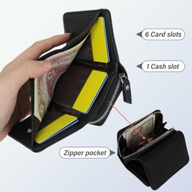 AdiStylinno Women's Trifold Leather Small Wallet for Women Mini Purse Women's Small Wallet with Zip Coin Compartment 6 Card Slots 1 Cash Compartment, black, Modern