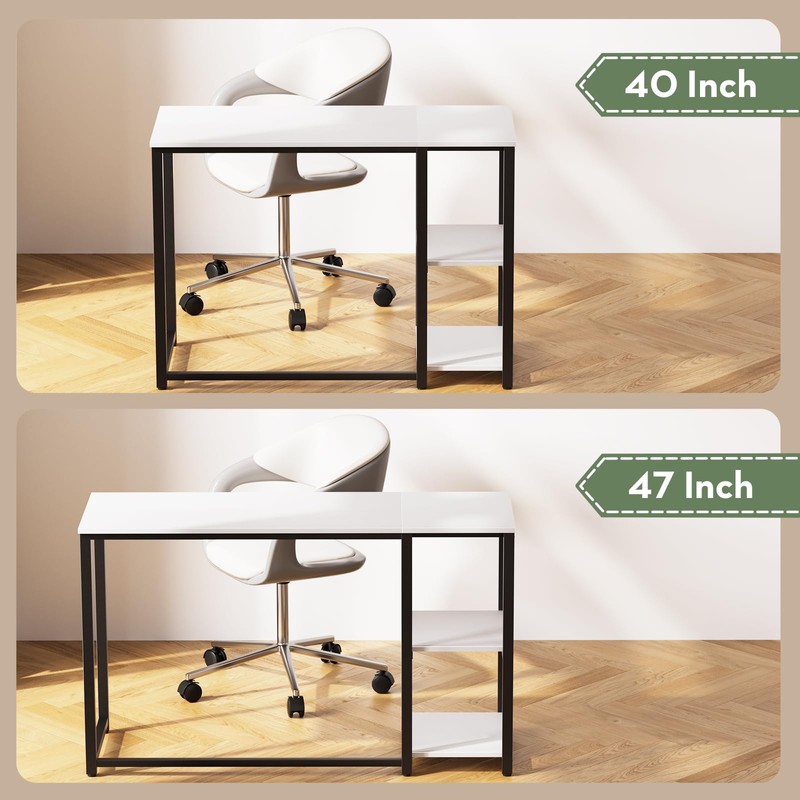 SINPAID 40IN Computer Desk with Shelves, Cream White Sturdy Small