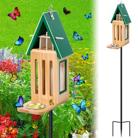 New Upgraded Butterfly House and Feeder for Outside - Wooden Butterfly House with Metal Stake for Garden Backyard, Natural Butterflies Habitat with Puddler on Floor or Hanging on Tree Wall