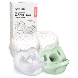 Made in Korea MOYUUM Silicone Macaron Pacifier 2 Pack with Travel Case, BPA Free One-Piece Orthodontic Baby Soother (6+ Months, Sage + Natural, Stage 3)