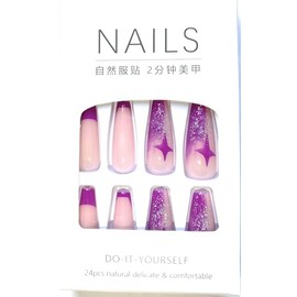 DIY Press-On Nails, 24 Pieces, Pink and Purple Glitter Star Design, Natural Delicate Comfortable