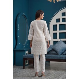 MAGHMA Chikankari Kurtis for Women Pakistani Salwar Kameez Suit Set Indian Dresses Cream White Kurti Pant & White Color Dupatta Set (M)