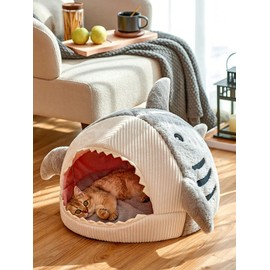 QWINEE Cat Mat Shark-Shaped Kennel Kitten Bed Hideout House Warm Soft Comfortable Semi-Closed Cat Dog Nest Grey Medium