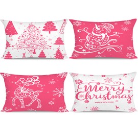 Miaikoe Christmas Cushion Covers 30x50 Set of 4 Christmas Decoration Trees Deer Snowman Merry Christmas Decorative Holiday Farmhouse Pillow Cases for Holiday Christmas Decoration（Pink）