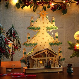 Glooglitter Christmas Nativity Scene Table Decoration Wooden Nativity Christmas Tree Decoration LED Jesus Nativity Ornament Christmas Tree Tabletop Decoration with Lights for Home Desktop Xmas Decor