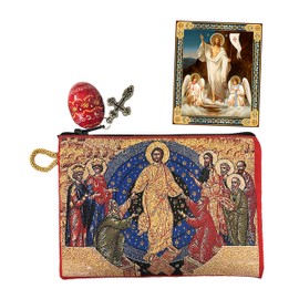 Red Hand Painted Ukrainian Wooden Easter Egg Pysanky Pysanki Pysanka in Resurrection Of Christ Jesus Tapestry Icon Pouch Decent Into Hell of Christ and Lifting up Of Adam and Eve, Icon, Easter Gift