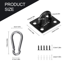 Eye Plate, 4 Pack Pad Eye Plate Stainless Steel Ceiling Hooks Heavy Duty M6 D Rings and Carabiner Clips U-Shaped Metal Staple Eye Hooks with Screws