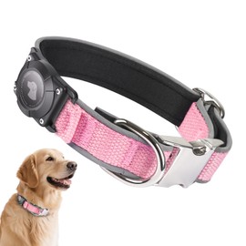 Waterproof Airtag Dog Collar - Nylon Collar with Durable Airtag Holder, Reflective&Anti-Lost with Safety Metal Buckle, Soft Padded Adjustable for Small Medium Large Dogs Pink XL